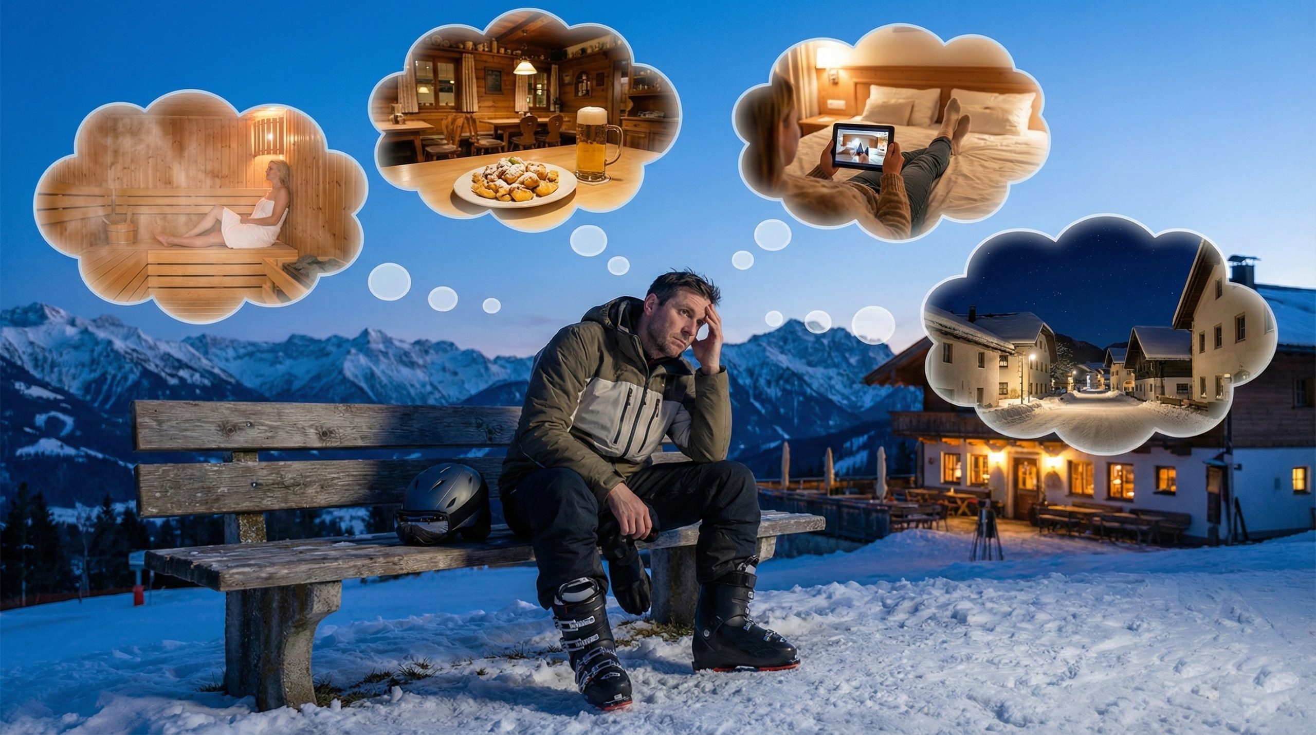 Erschöpfter Skifahrer denkt in Gedankenblasen über verschiedene Optionen für den Abend nach.